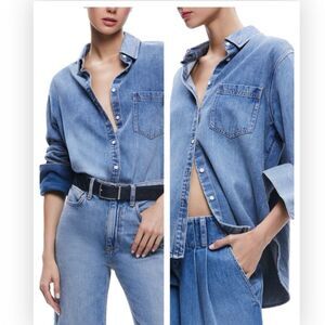 NEW Alice & Olivia Oversize Cotton Blend Denim Button-Up Shirt XL $ 330.00